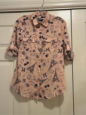 Karl Lagerfeld Pink Paris Theme Print Button-Up Shirt